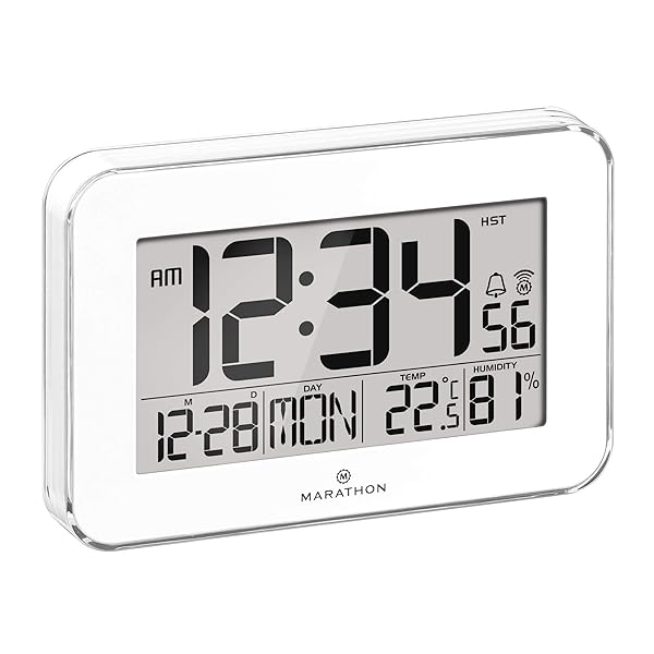 Marathon-Orologio-da-parete-Atomic-di-design-Orologio-da-parete-digitale-con-temperatura-interna-umidita-e-sveglia-B098ZK7NNW Marathon Orologio da parete Atomic di design | Orologio da parete digitale con temperatura interna, umidità e sveglia | 12/24 ore | Lunetta in acrilico lucido | Cornice di cristallo - immagine 1